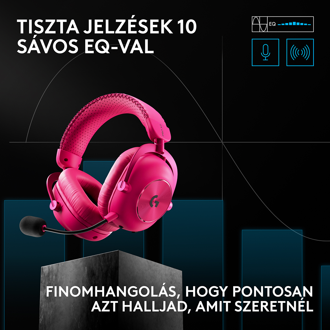 Egy élénk rózsaszín gaming headset mikrofonnal lebeg sötét háttér előtt, magyar felirattal.