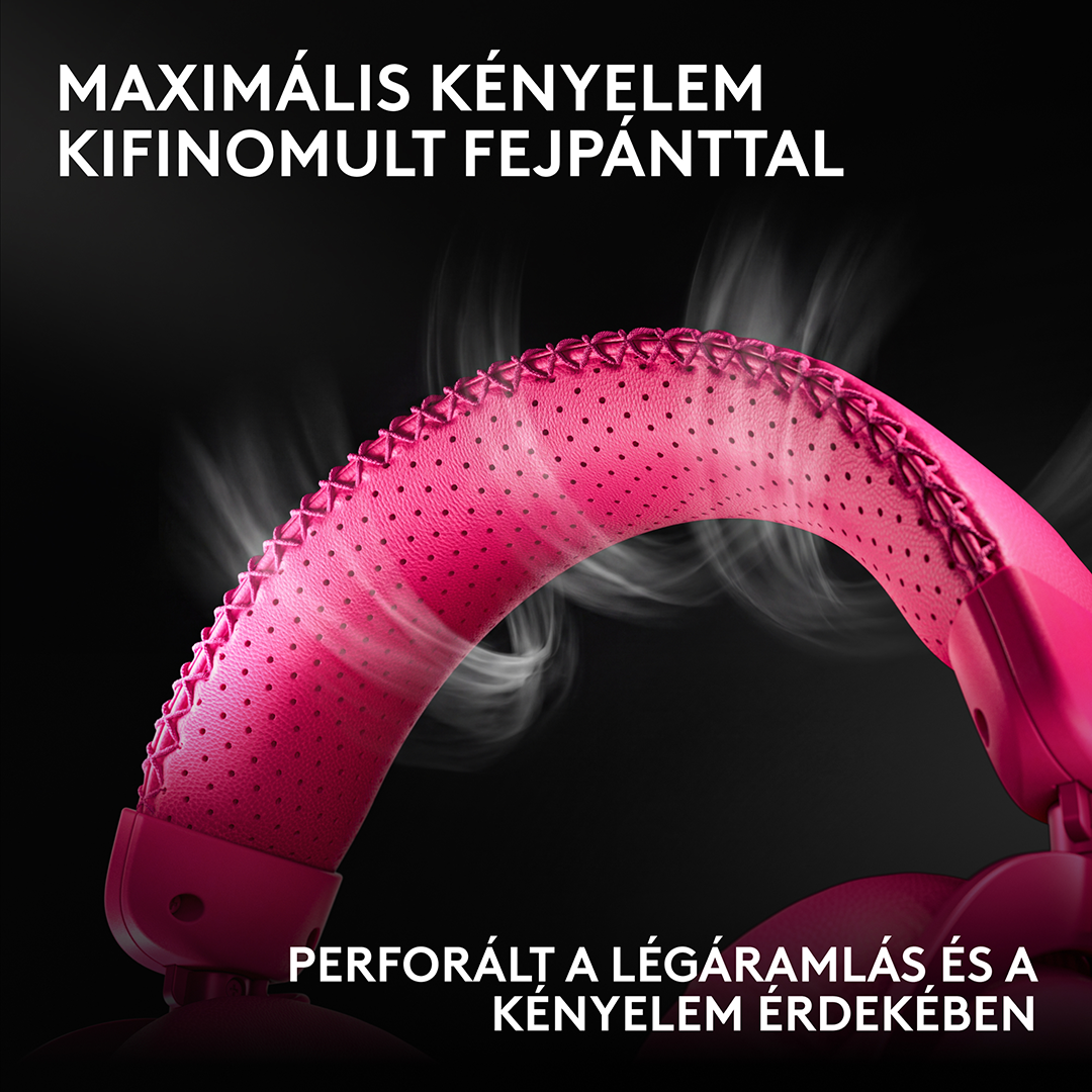 Rózsaszín fejhallgató-fejpánt perforációval és felszálló gőzzel fekete háttér előtt.