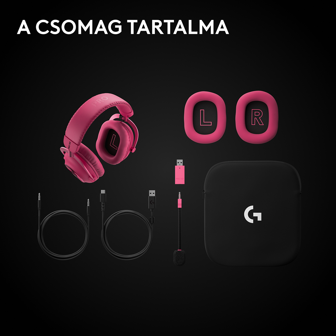 Rózsaszín gamer headset pótfülduókkal, kábelekkel, mikrofonnal, USB-adapterrel és fekete tokkal.