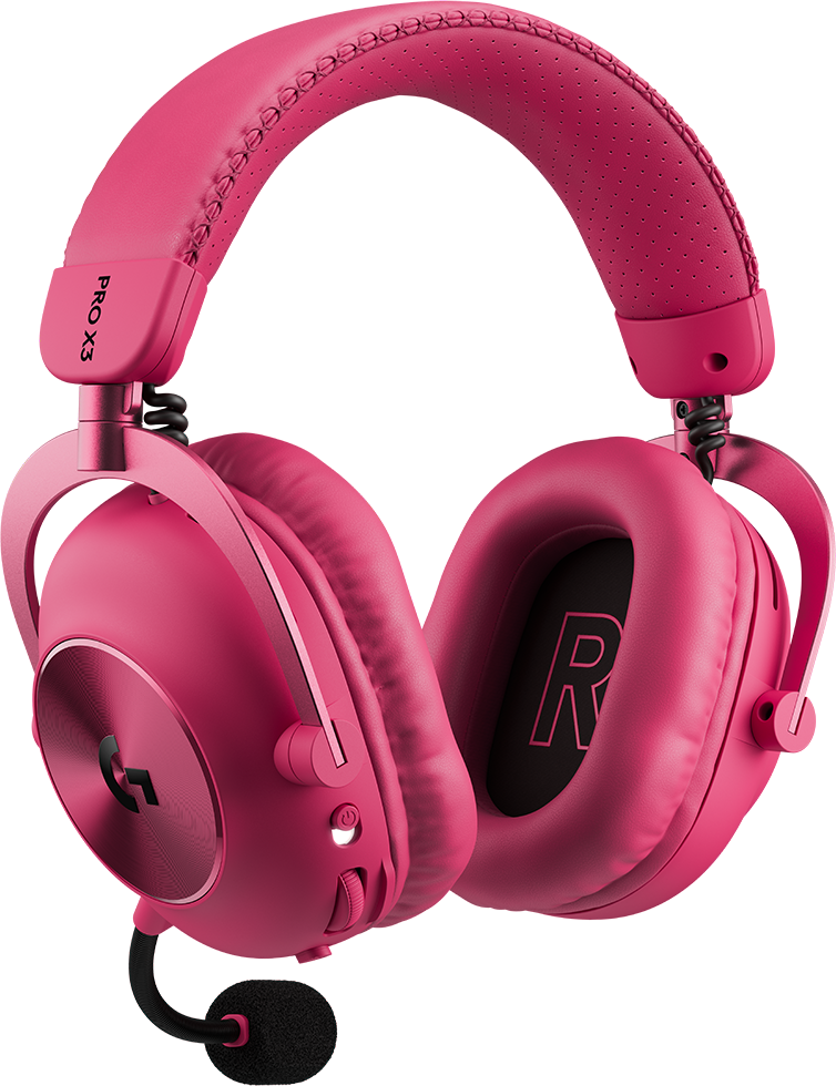 Élénk rózsaszín feletti gaming headset fekete mikrofonnal és logóval az oldalán, sötét háttér előtt.