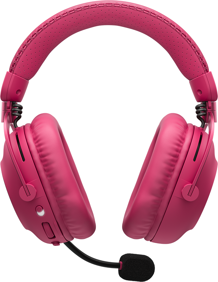 Rózsaszín over-ear fejhallgató fekete mikrofonnal fekete háttér előtt.