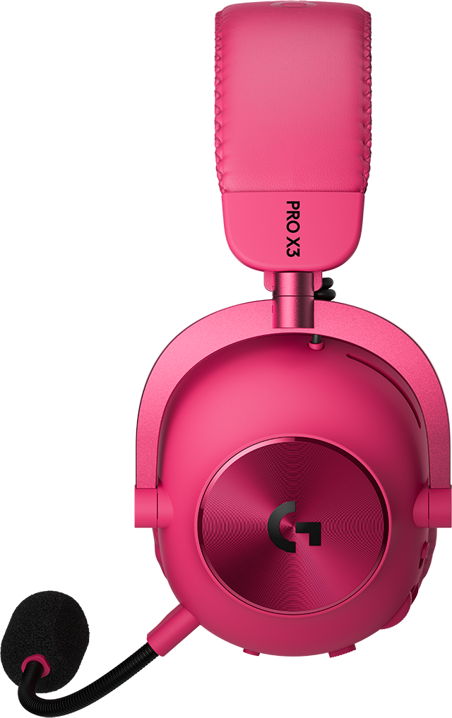 Élénk rózsaszín, fülre illeszkedő gamer headset fekete mikrofonnal és Logitech G logóval fekete háttéren.