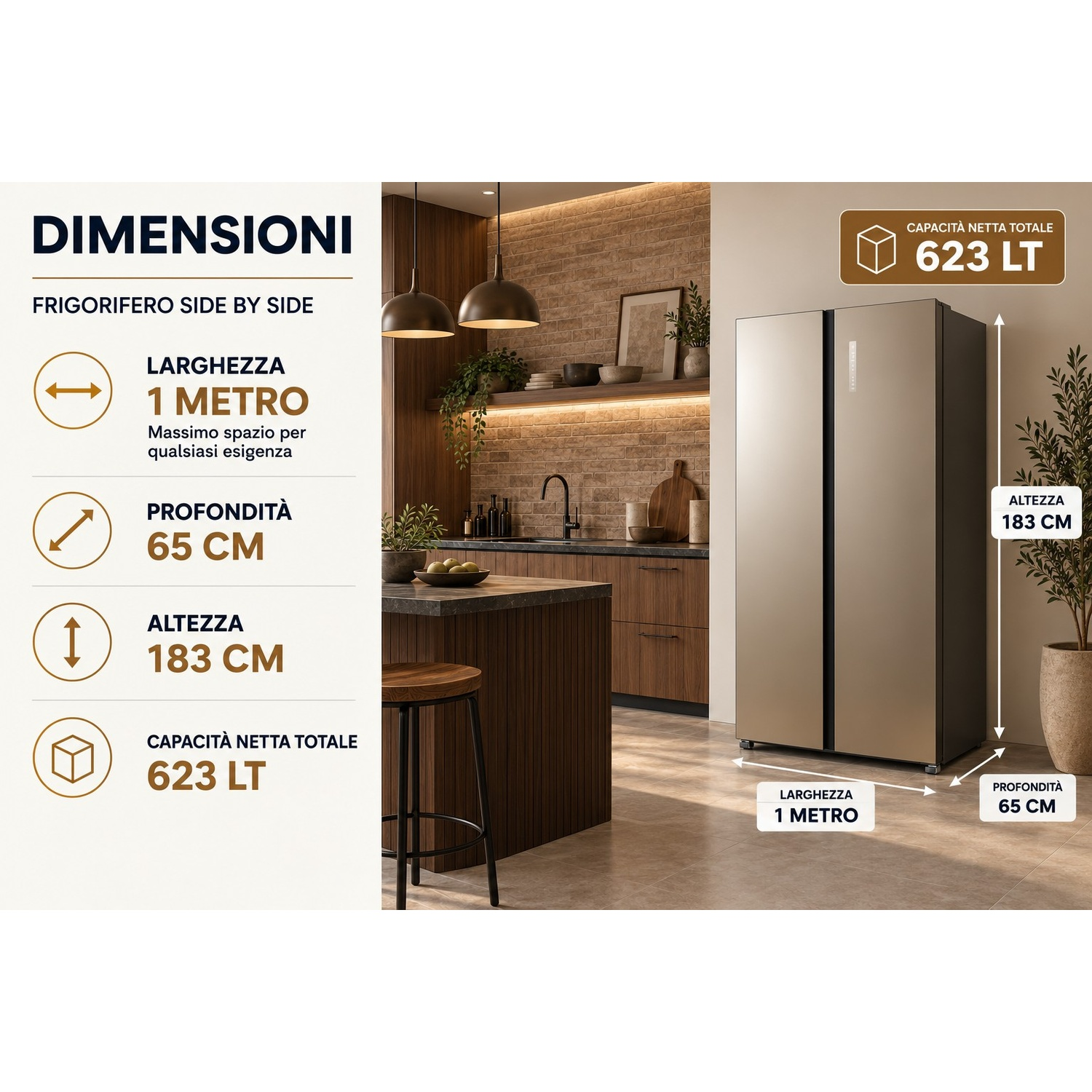 Frigorifero side by side in cucina moderna con dimensioni: 1 metro di larghezza, 65 cm di profondità, 183 cm di altezza, capacità 623L.