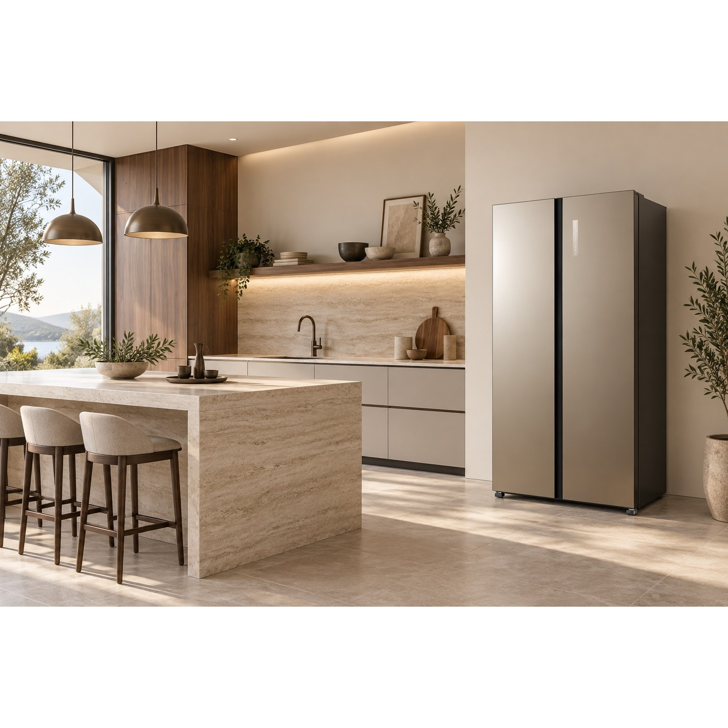 Moderna cucina con isola in pietra, dettagli in legno, lampade a sospensione e grande frigorifero grigio.