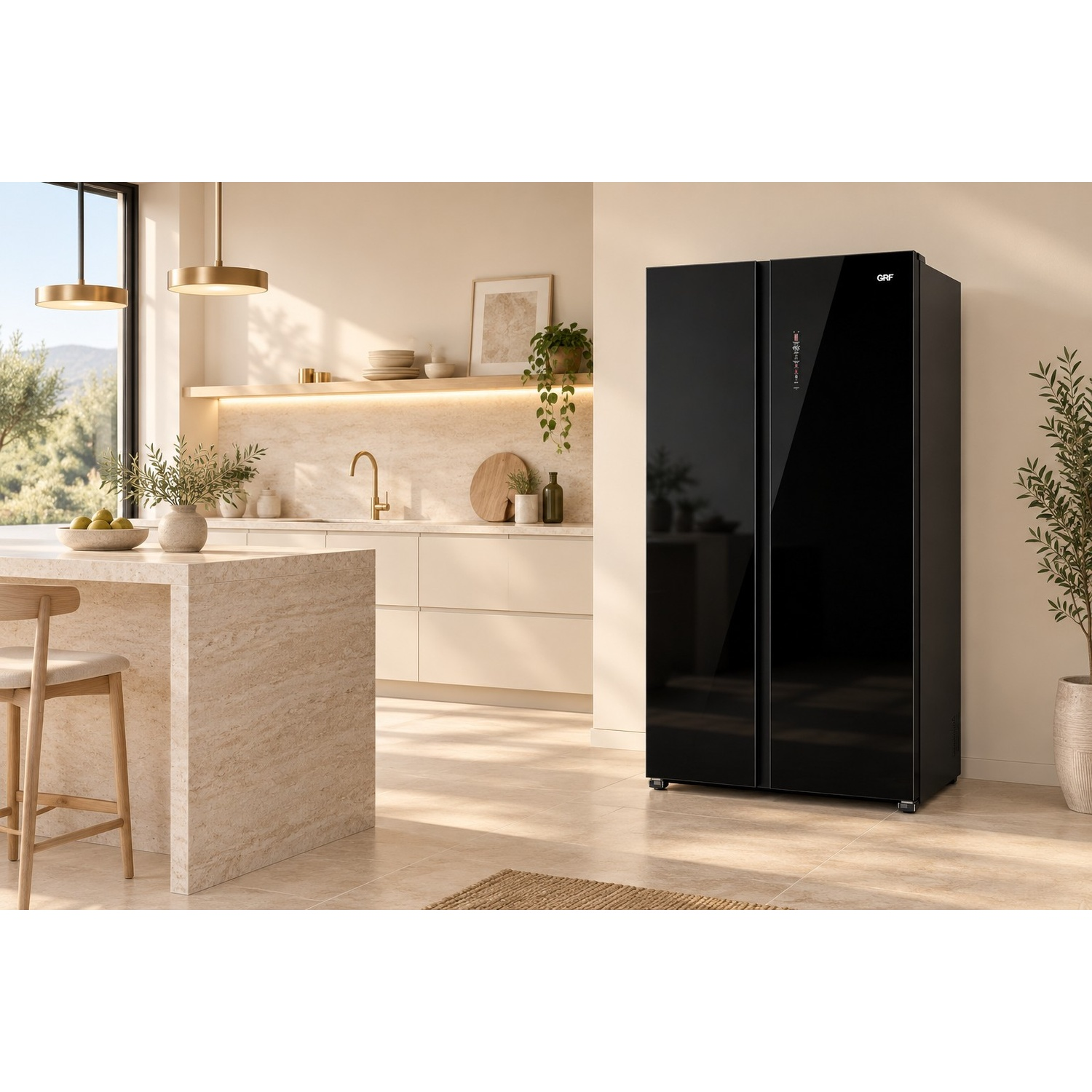 Frigorifero side-by-side nero in una cucina moderna e luminosa con isola in marmo.