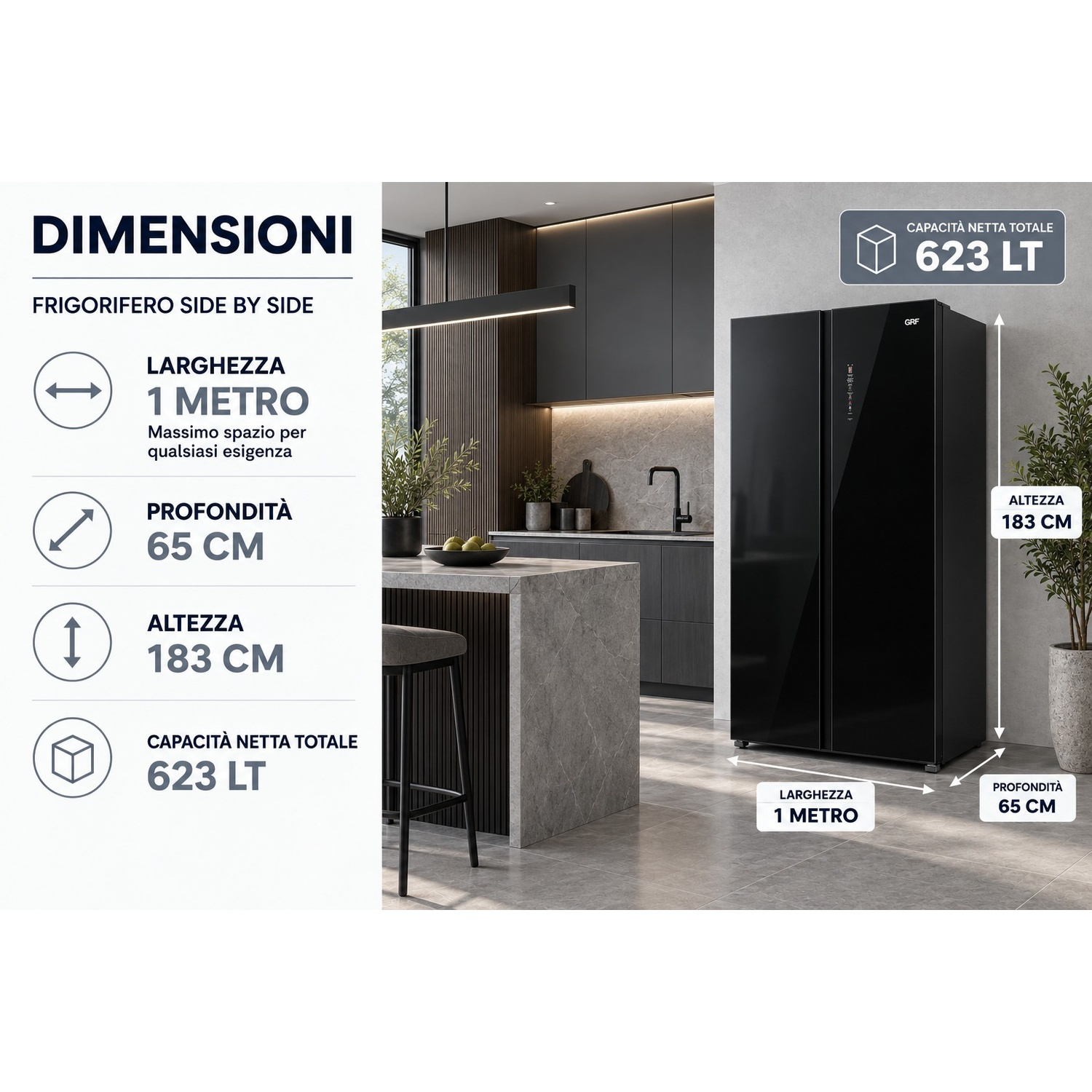 Frigorifero side by side nero in cucina moderna con dimensioni e capacità 623L.