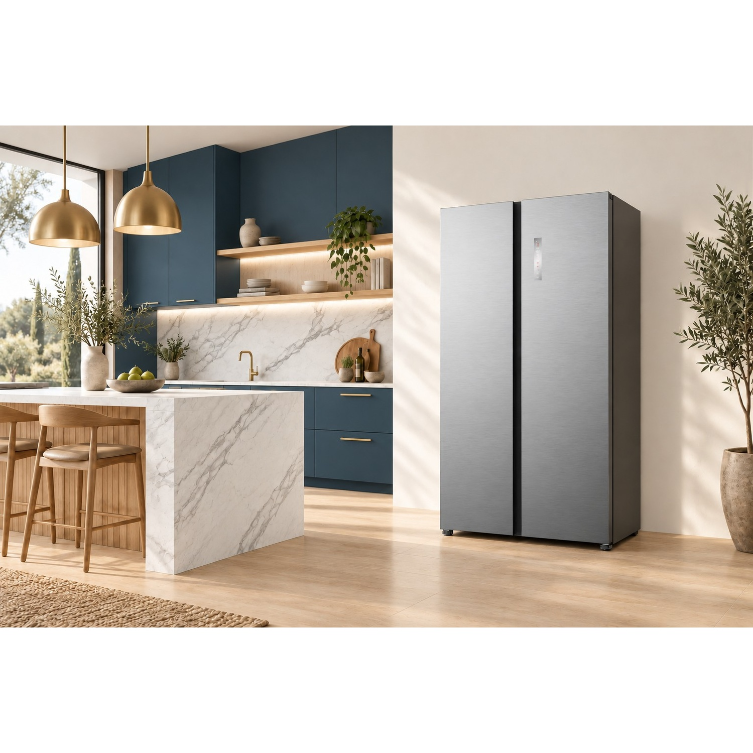 Cucina moderna con mobili blu, isola in marmo, lampade a sospensione e un grande frigorifero argentato.
