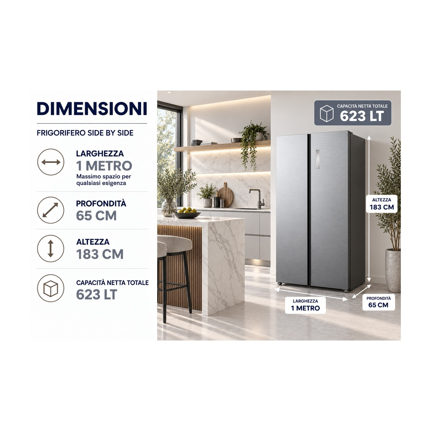 Infografica con le dimensioni di un frigorifero side-by-side argentato in una cucina moderna: larghezza 1m, profondità 65cm, altezza 183cm.