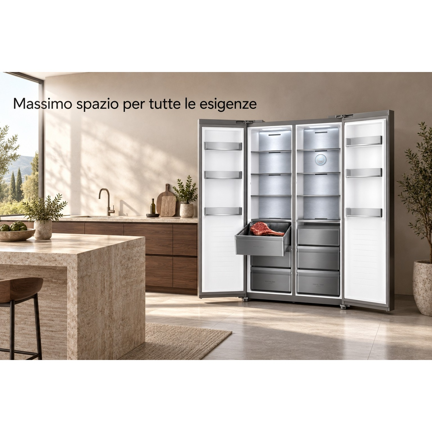 Un grande frigorifero grigio aperto in una cucina moderna con una riga di testo sopra.