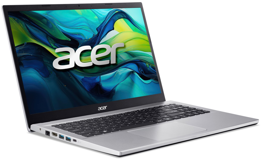 Ezüstszínű Acer laptop fekete billentyűzettel és színes, absztrakt háttérképpel.