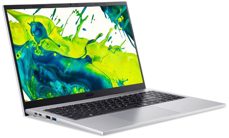 Egy nyitott, ezüst színű Acer laptop élénk zöld és kék absztrakt háttérképet mutat fehér háttér előtt.