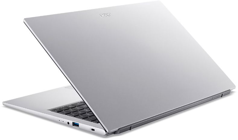 Ezüst színű Acer laptop zárt fedéllel fehér háttérben, oldalsó portok láthatók.