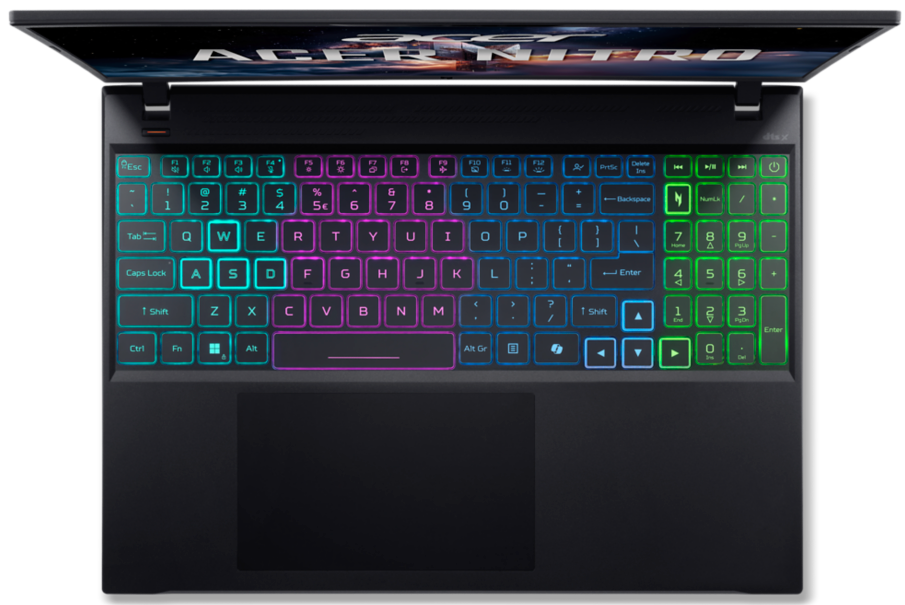 Felülnézet egy nyitott fekete Acer Nitro laptopról, többszínű háttérvilágítású billentyűzettel.