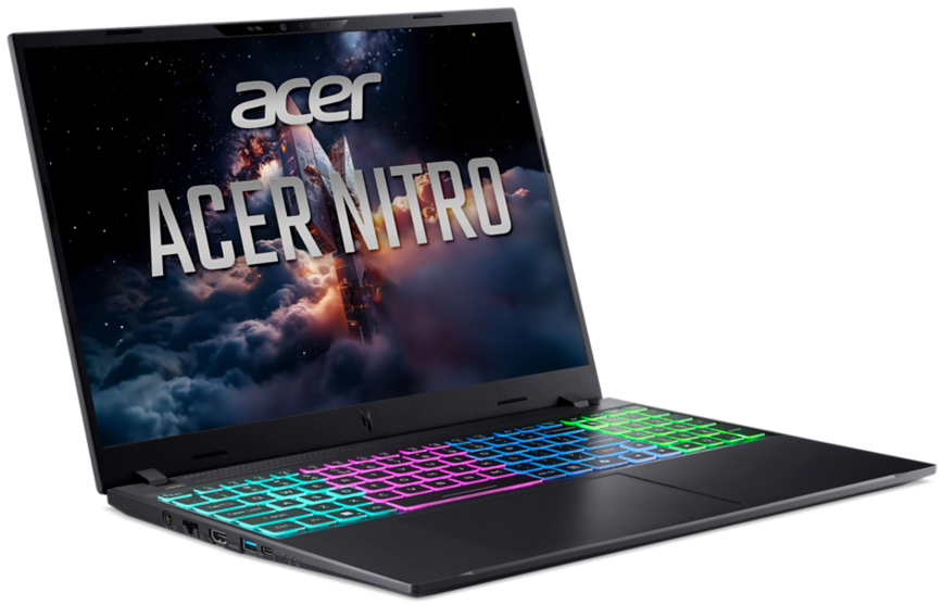 Egy fekete Acer Nitro gamer laptop színes RGB billentyűzet-háttérvilágítással, fehér háttérrel.