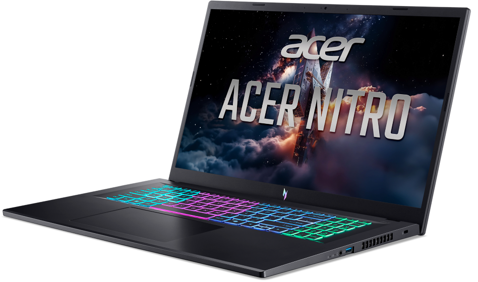 Egy fekete Acer Nitro laptop RGB háttérvilágítású billentyűzettel és űrhajós háttérképpel.
