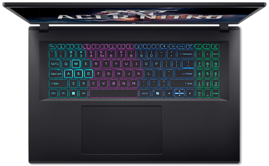Felülnézetből egy Acer Nitro laptop háttérvilágítású RGB billentyűzettel, sötét házzal és érintőpaddal.