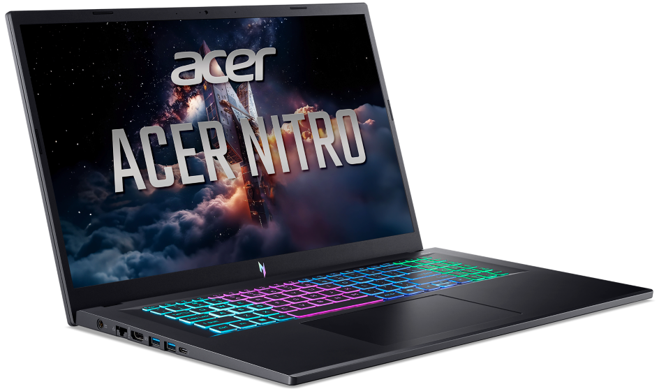Fekete Acer Nitro gamer laptop színes RGB billentyűzet-háttérvilágítással és a képernyőn látható márkajelzéssel.