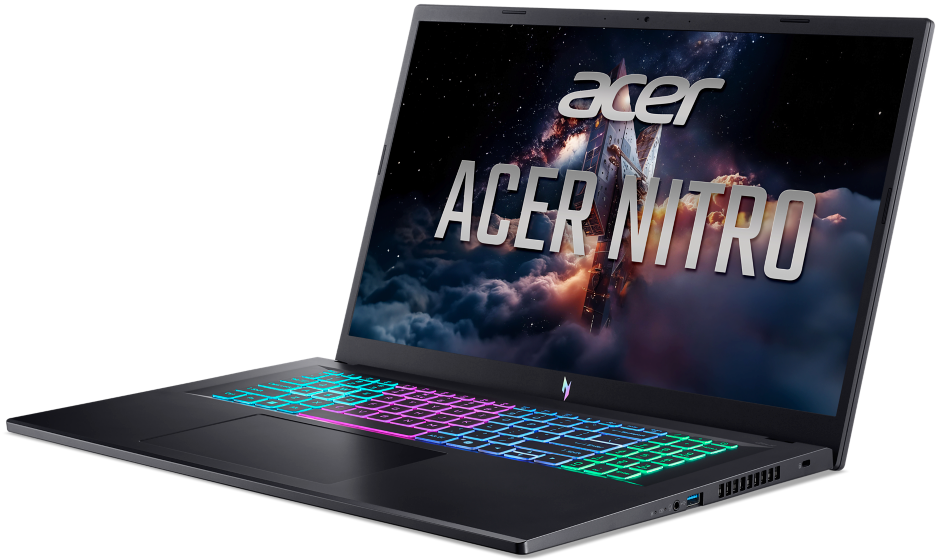 Fekete Acer Nitro laptop RGB háttérvilágítású billentyűzettel és űrtémájú háttérképpel.
