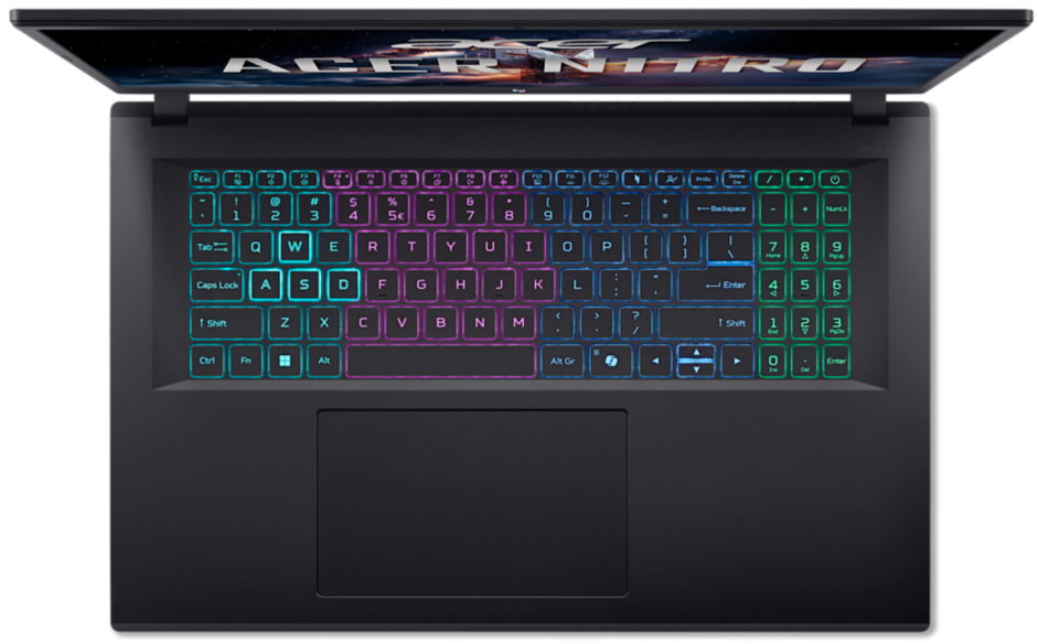 Fekete Acer Nitro laptop felülnézetben, RGB-háttérvilágítású billentyűzettel és nagy érintőpaddal.