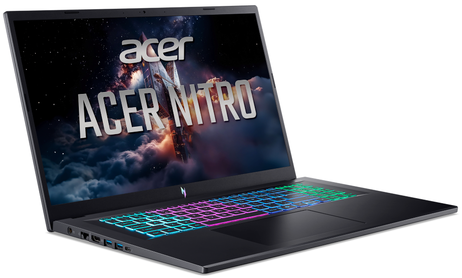 Fekete Acer Nitro laptop RGB háttérvilágítású billentyűzettel és űrtémájú képernyővel.