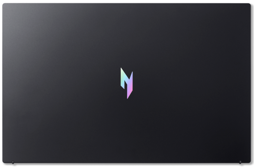 Fekete laptop fedél középen izzó, irizáló neon logóval.