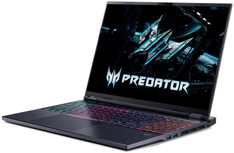Fekete Acer Predator gamer laptop színes háttérvilágítású billentyűzettel és márka logóval a képernyőn.