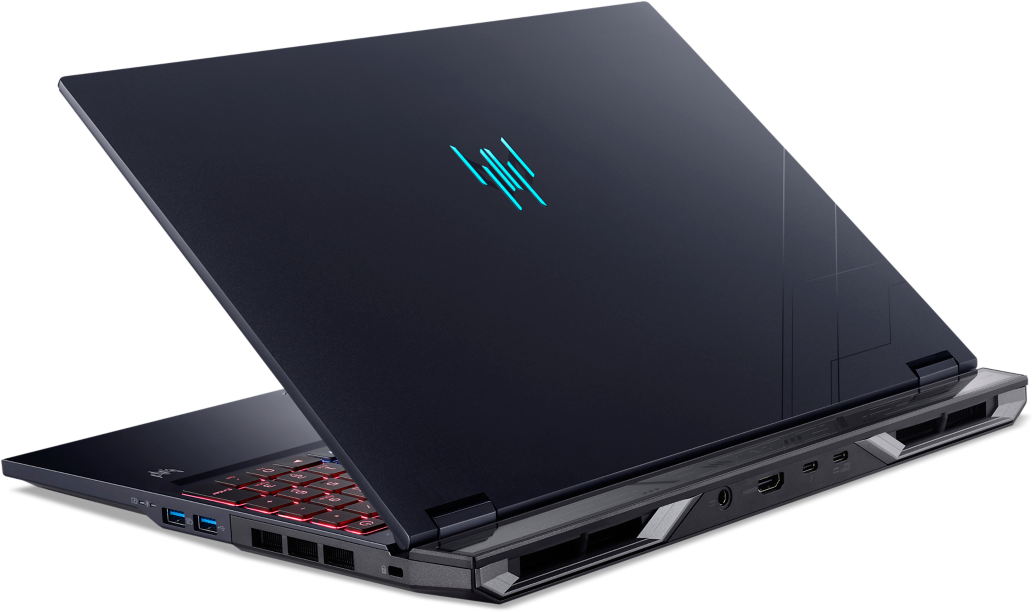 Sötétkék gamer laptop megvilágított logóval és piros háttérvilágítású billentyűzettel, hátulnézetben.