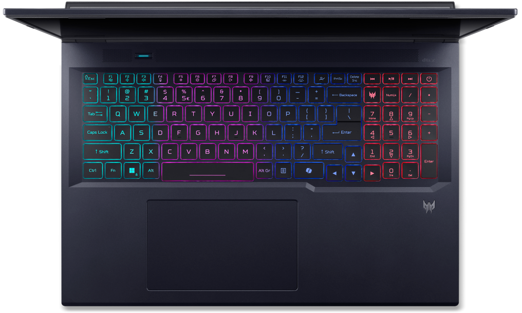 Egy sötét laptop felülnézete színesen háttérvilágított billentyűzettel és beépített érintőpaddal.