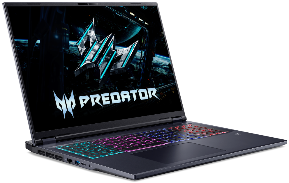 Egy sötét Acer Predator gamer laptop színes háttérvilágítású billentyűzettel és űrháttérrel.