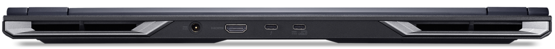 Fekete laptop hátoldala szellőzőnyílásokkal, tápcsatlakozóval, HDMI-porttal és két USB-C porttal.