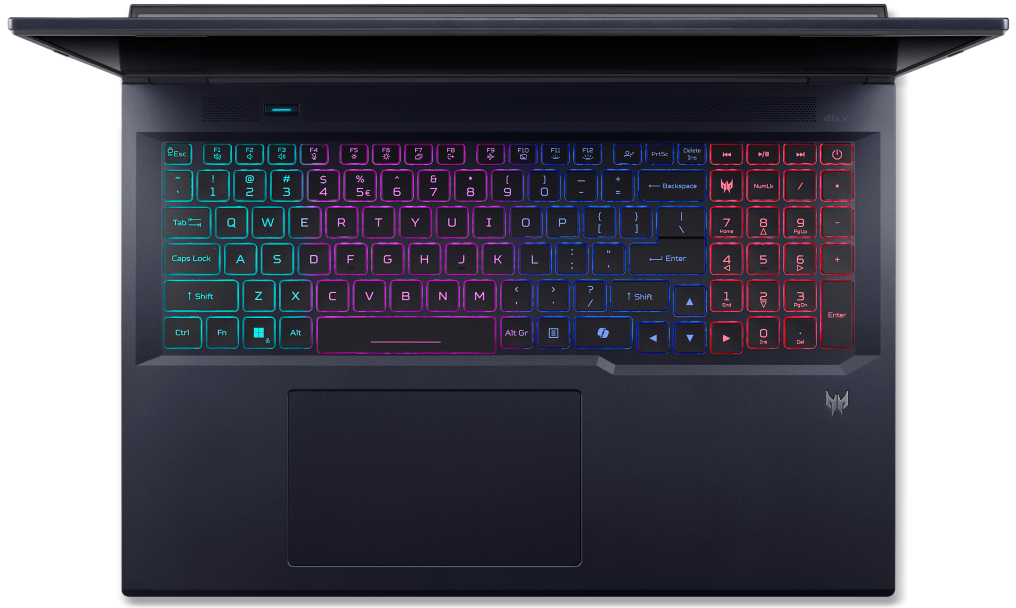 Fentről nézett laptop RGB háttérvilágítású billentyűzettel és nagy érintőpaddal sötétszürke vázon.