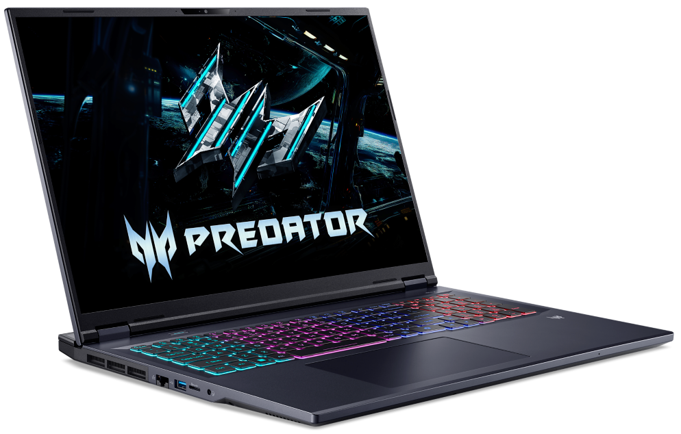 Egy fekete gamer laptop színes háttérvilágítású billentyűzettel és Predator logóval a képernyőn.