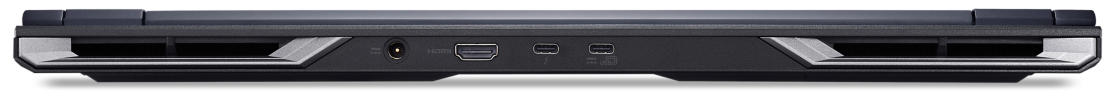 Laptop hátoldala HDMI, USB-C, tápcsatlakozó portokkal és szellőzőrácsokkal.
