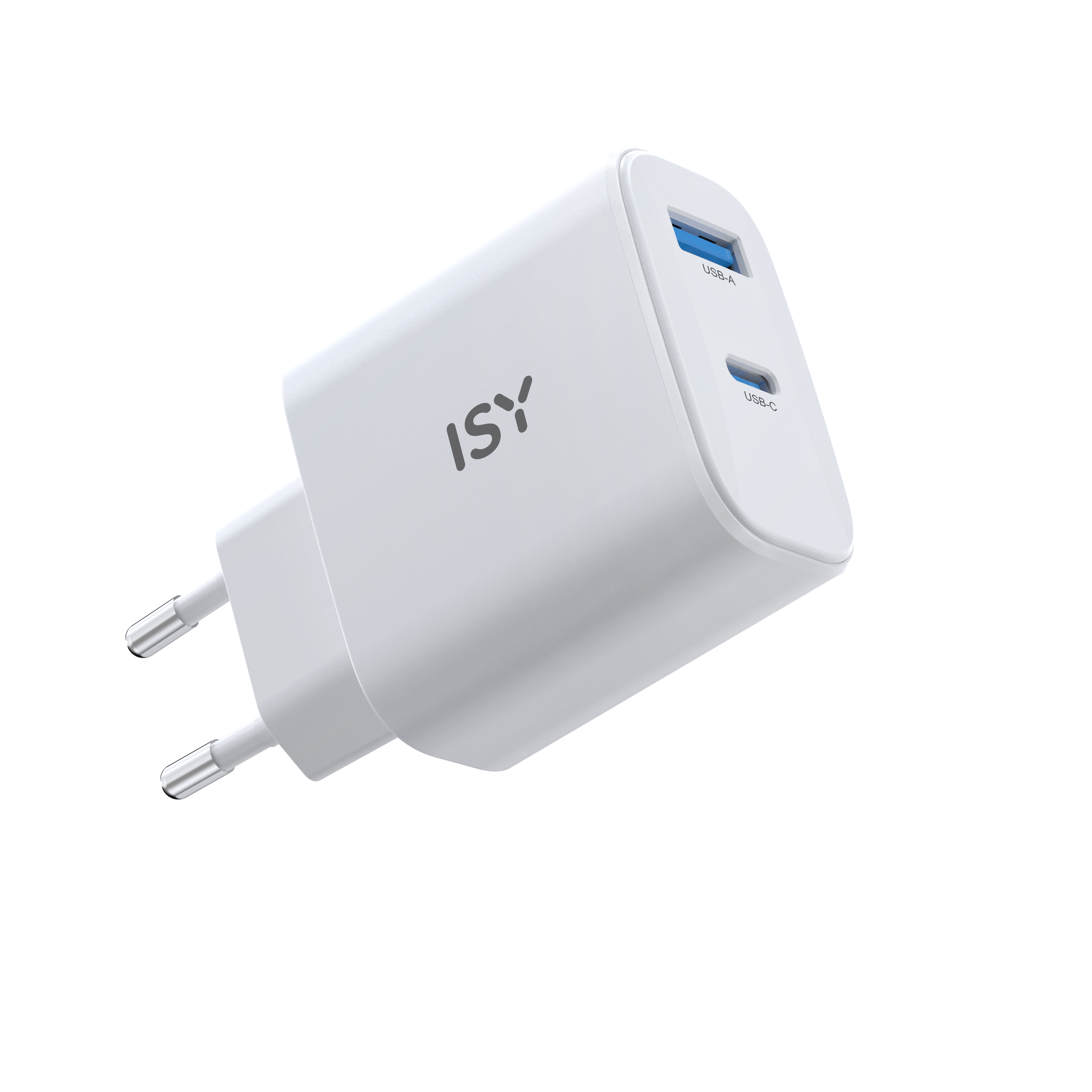 Ein weißes ISY USB-Ladegerät mit einem USB-A- und einem USB-C-Anschluss vor schwarzem Hintergrund.