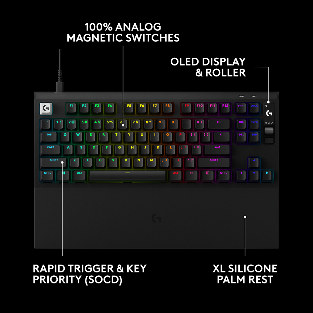 Fekete mechanikus gamer billentyűzet RGB világítással, mágneses kapcsolókkal, OLED kijelzővel és csuklótámasszal.