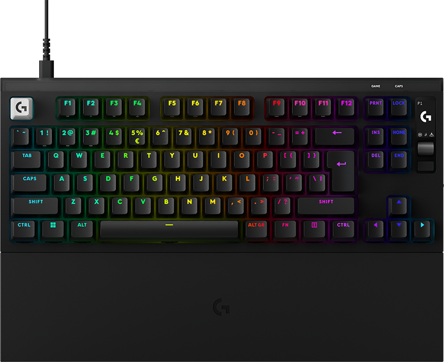 Fekete mechanikus billentyűzet élénk RGB háttérvilágítással és csuklótámasszal.