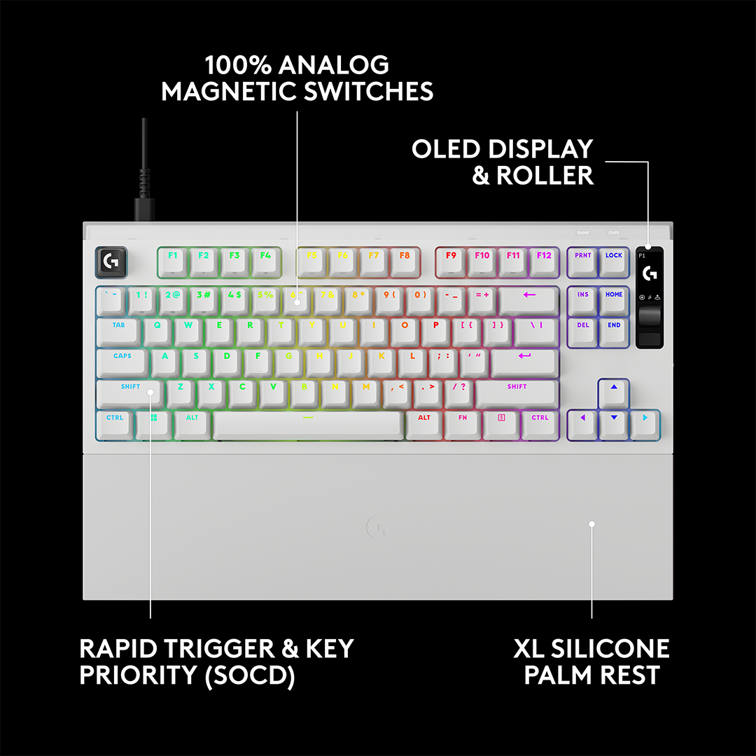 Fehér gamer billentyűzet RGB világítással, OLED kijelzővel, görgővel, csuklótámasszal és mágneses kapcsolókkal.