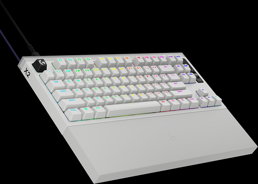 Egy fehér mechanikus billentyűzet RGB háttérvilágítással és beépített csuklótámasszal fekete háttér előtt.