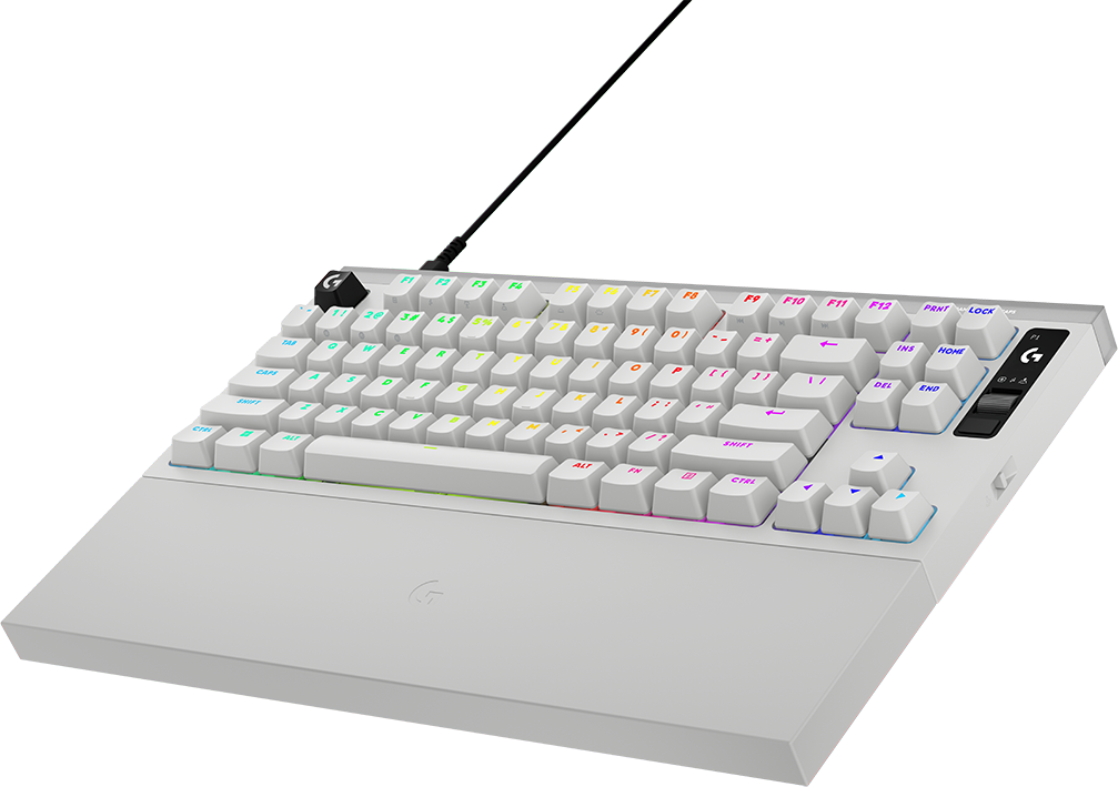 Egy fehér mechanikus gamer billentyűzet RGB világítással és csuklótámasszal.