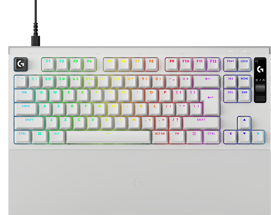 Egy fehér mechanikus billentyűzet RGB háttérvilágítással és beépített csuklótámasszal.