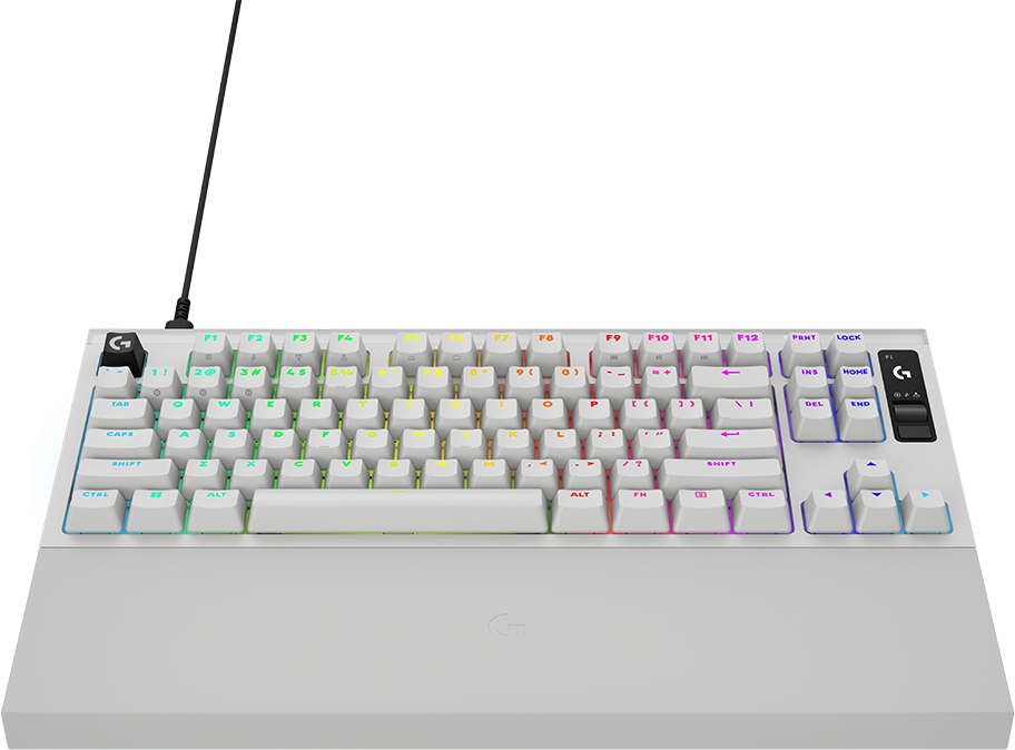 Egy fehér játékbillentyűzet RGB háttérvilágítással és beépített csuklótámasszal.