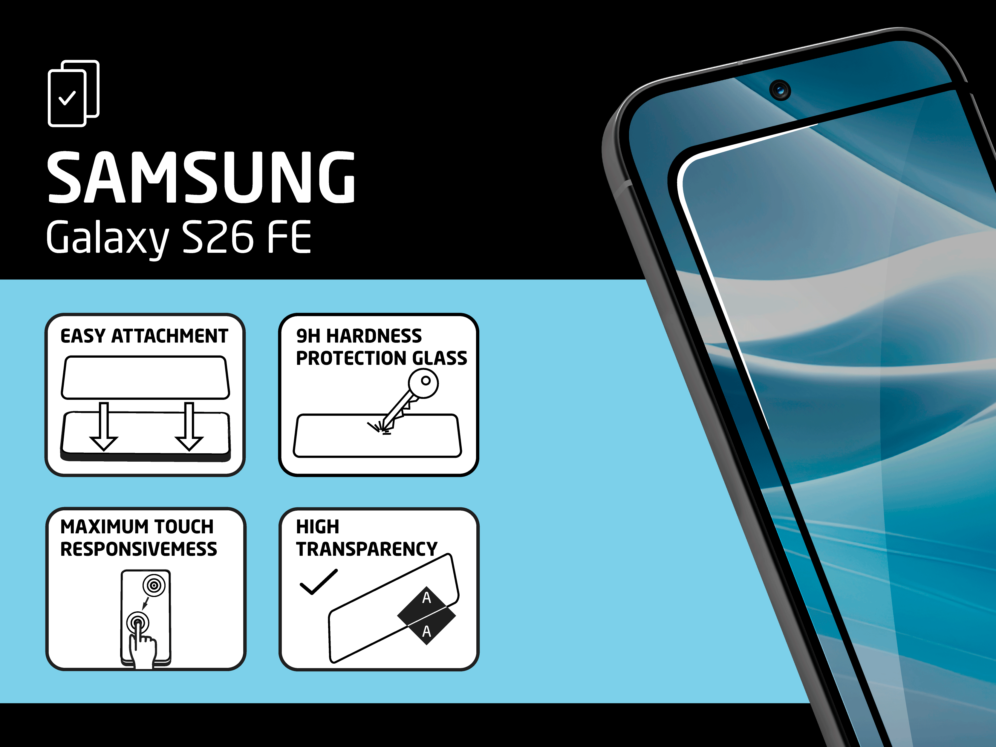 Samsung Galaxy S26 FE Schutzglas mit Merkmalen wie einfache Montage, 9H-Härte und hoher Transparenz.