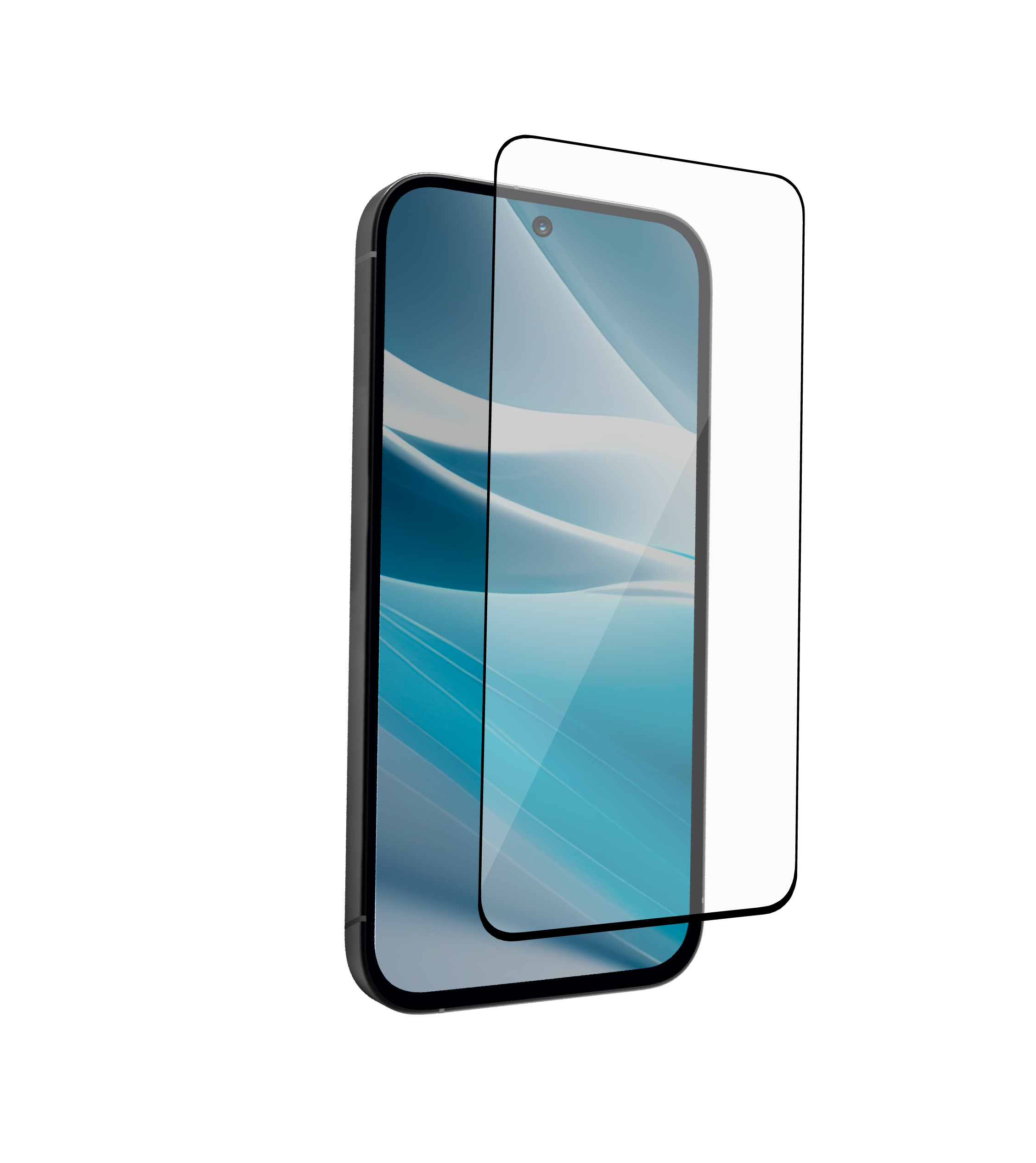 Ein Smartphone mit einer blauen Bildschirmanzeige und einer leicht davor schwebenden Schutzfolie auf schwarzem Grund.