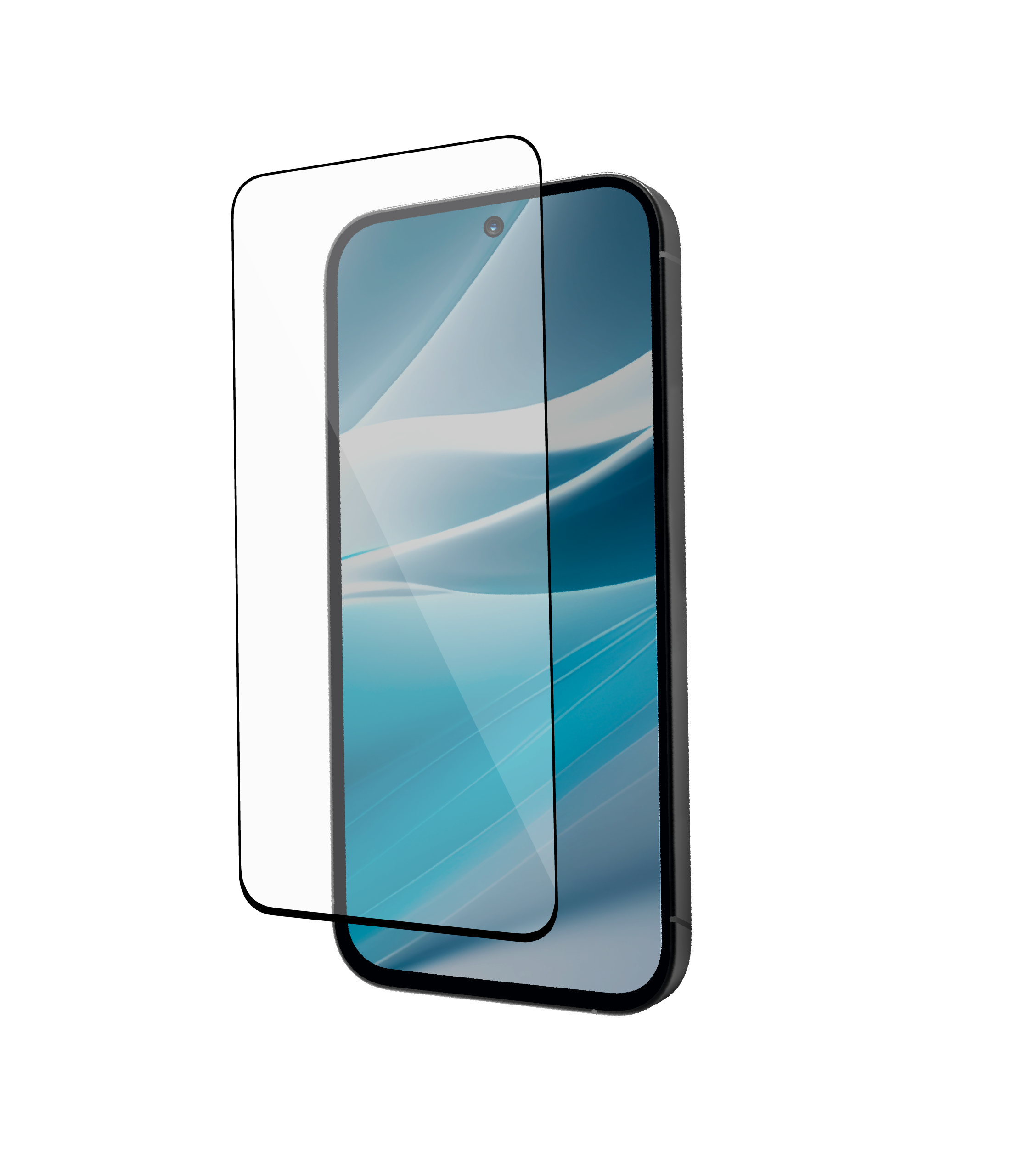Smartphone mit einer Schutzfolie, die leicht angehoben vor dem Display schwebt vor schwarzem Hintergrund.