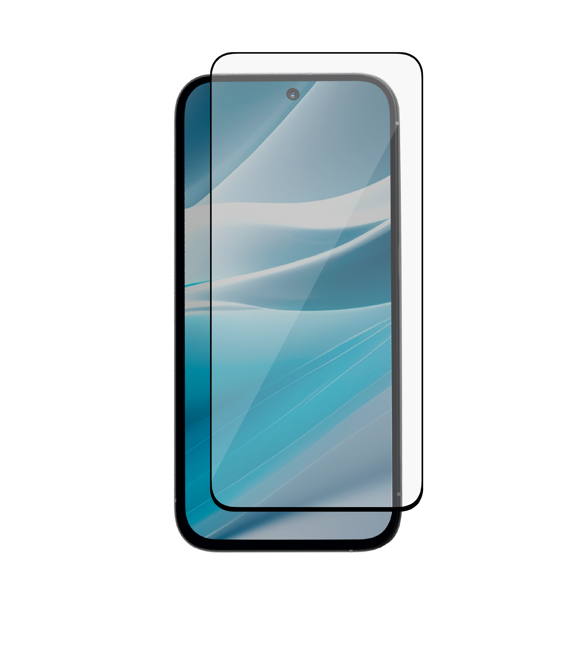 Ein Smartphone mit einer transparenten Schutzfolie auf dem Display, vor einem schwarzen Hintergrund.