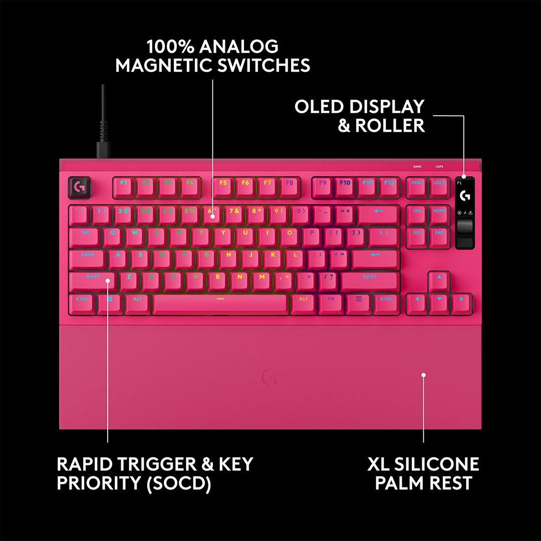 Rózsaszín mechanikus gamer billentyűzet csuklótámasszal, OLED kijelzővel és funkciójelölésekkel.