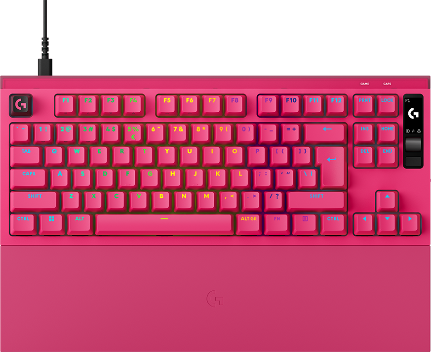 Egy élénk rózsaszín Logitech gamer billentyűzet beépített csuklótámasszal és színes gombokkal fekete alapon.