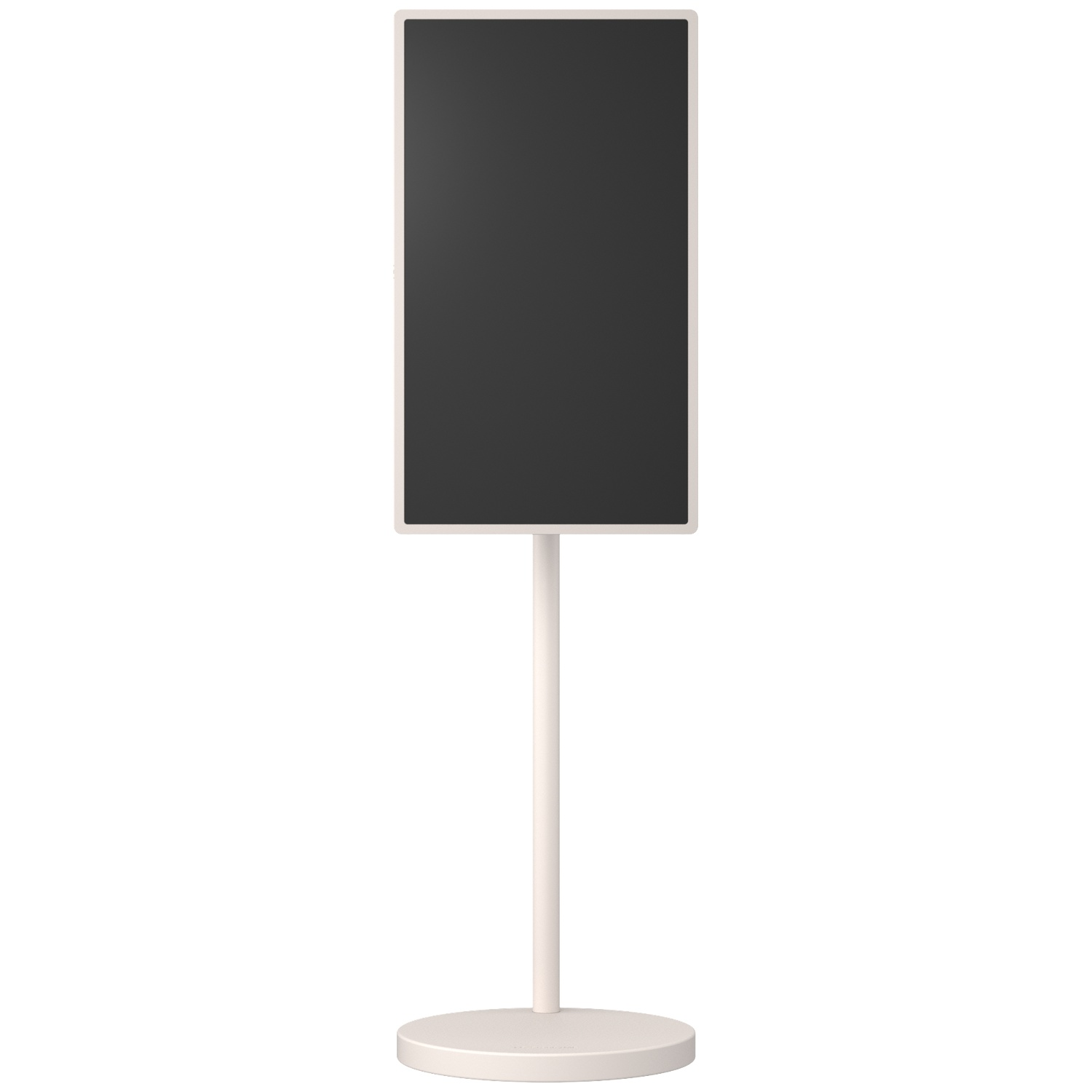 A white stand with a rectangular black screen against a white background.