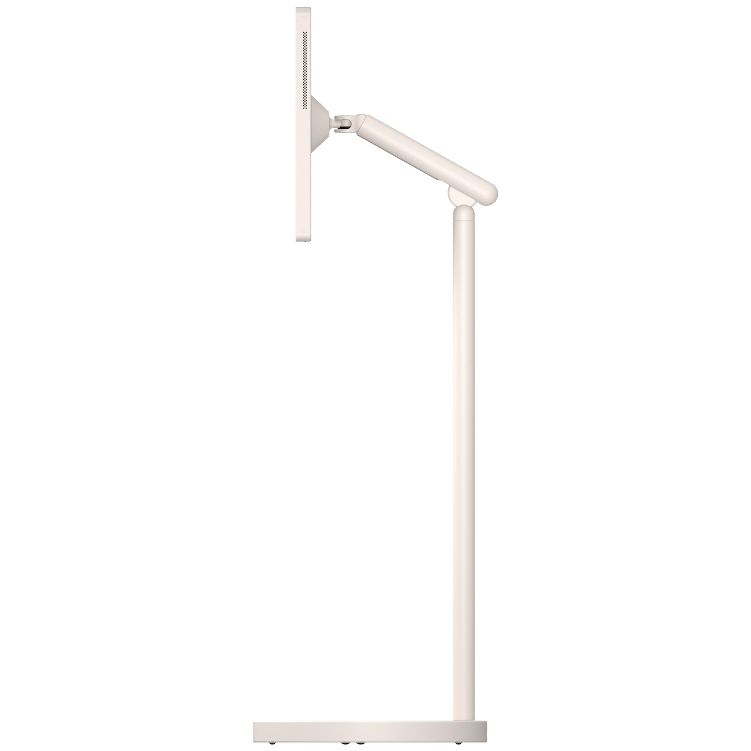 A white monitor on an adjustable stand arm against a white background.