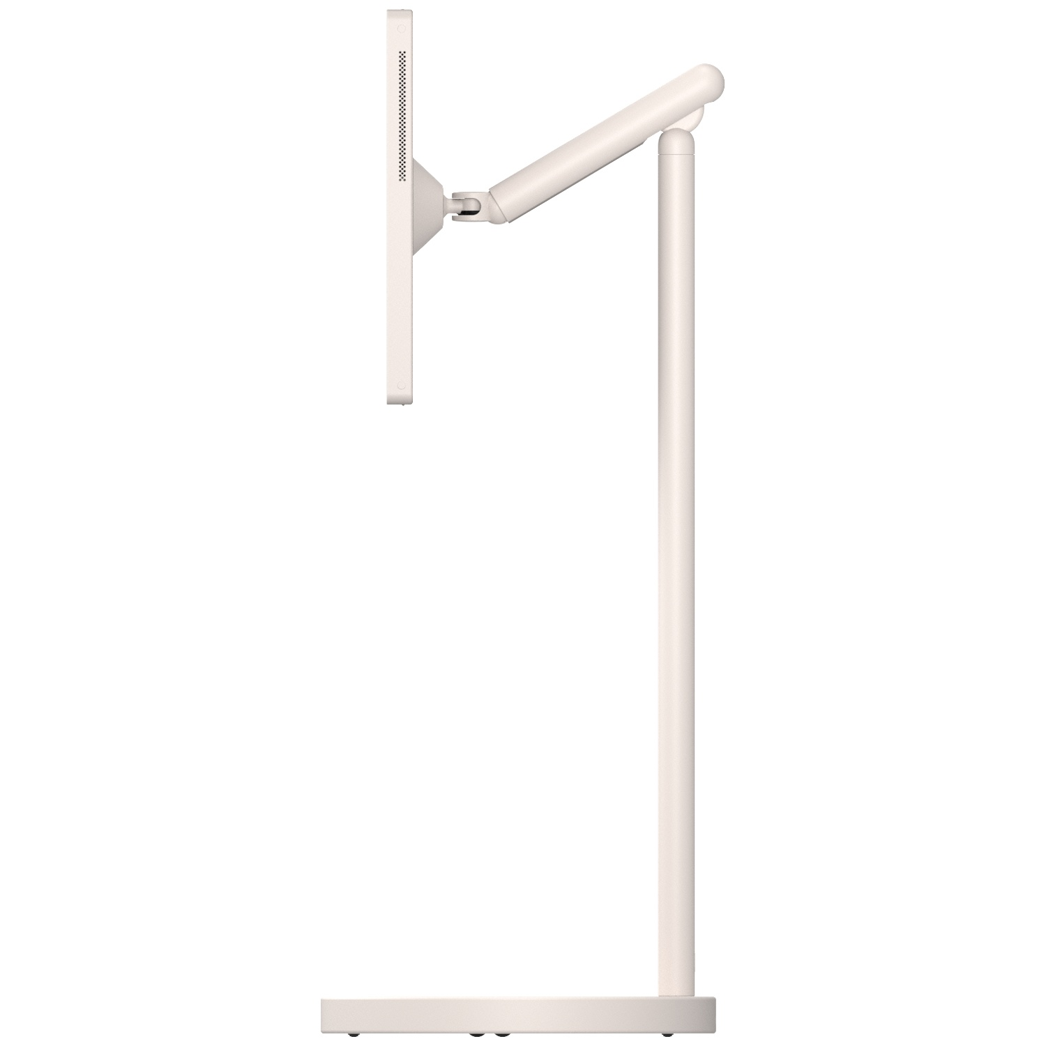 A white, vertical monitor stand with an adjustable arm and a flat base on a white background.